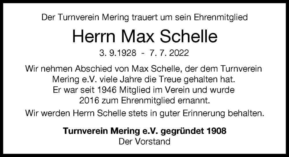  Traueranzeige für Max Schelle vom 20.07.2022 aus Friedberger Allgemeine