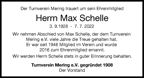 Traueranzeige von Max Schelle von Friedberger Allgemeine