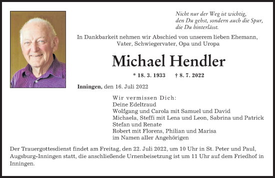 Traueranzeige von Michael Hendler von Augsburger Allgemeine