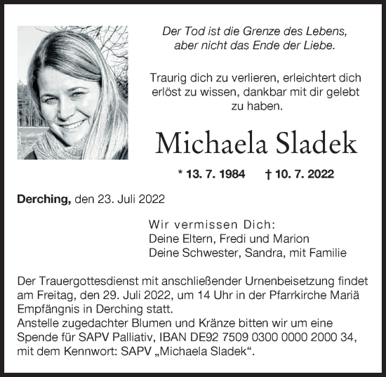 Traueranzeige von Michaela Sladek von Friedberger Allgemeine, Augsburger Allgemeine