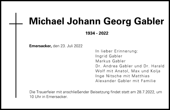 Traueranzeige von Michael Johann Georg Gabler von Wertinger Zeitung, Augsburg-Land