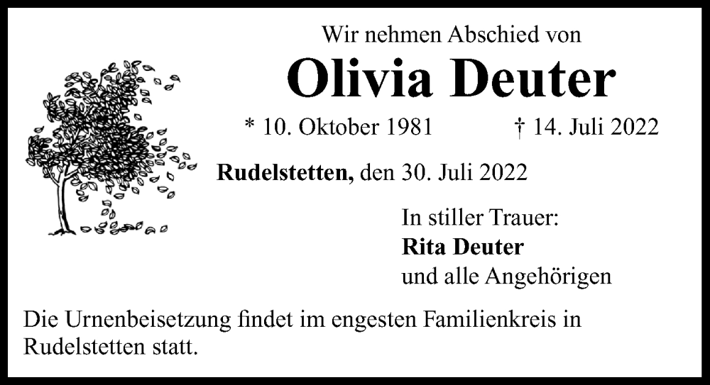  Traueranzeige für Olivia Deuter vom 30.07.2022 aus Donauwörther Zeitung, Rieser Nachrichten