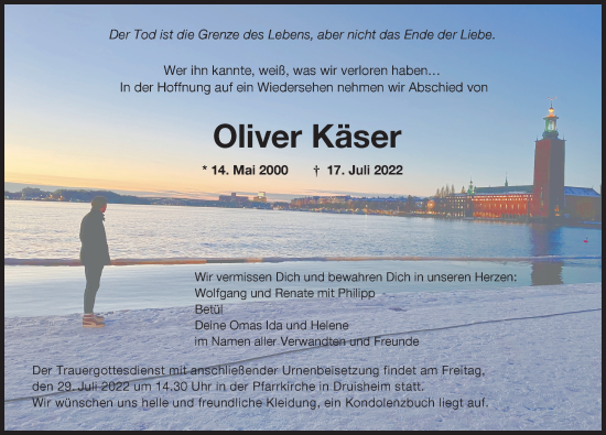 Traueranzeige von Oliver Käser von Donauwörther Zeitung