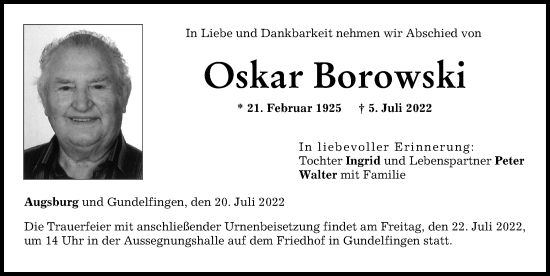 Traueranzeige von Oskar Borowski von Donau Zeitung
