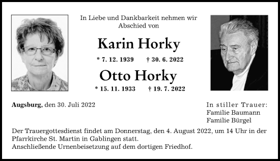 Traueranzeige von Otto Horky von Augsburger Allgemeine