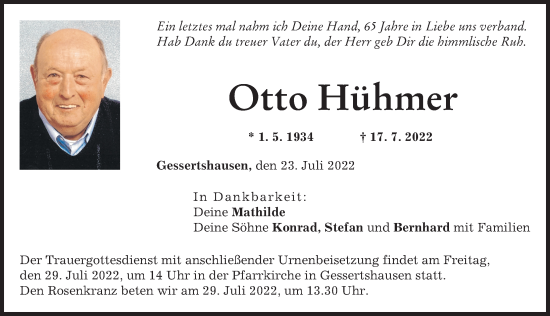 Traueranzeige von Otto Hühmer von Augsburg-Land