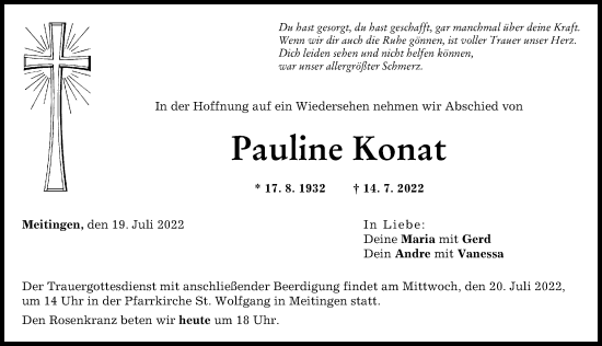 Traueranzeige von Pauline Konat von Augsburg-Land