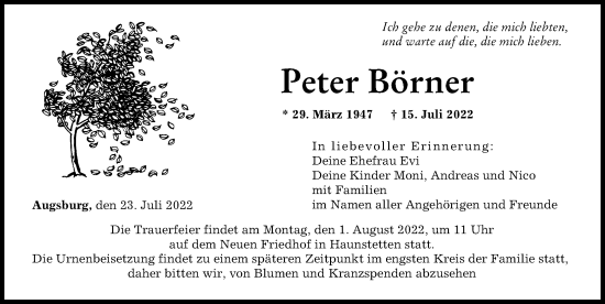 Traueranzeige von Peter Börner von Augsburger Allgemeine