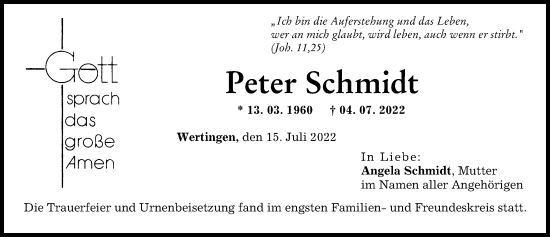 Traueranzeige von Peter Schmidt von Wertinger Zeitung