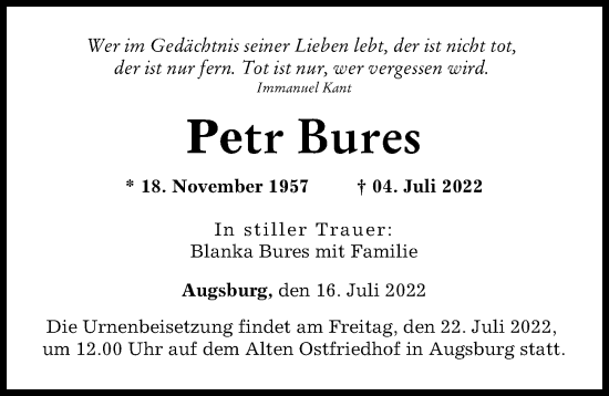 Traueranzeige von Petr Bures von Augsburger Allgemeine