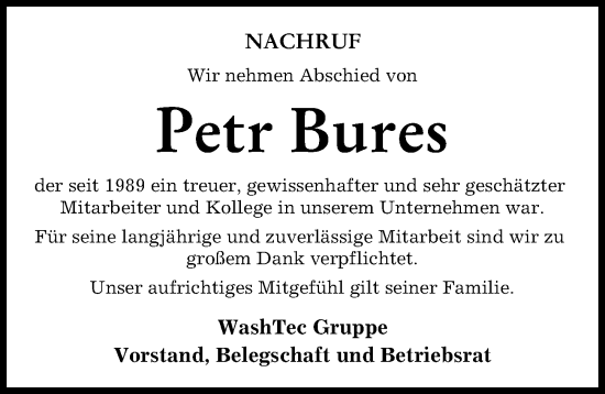 Traueranzeige von Petr Bures von Augsburger Allgemeine