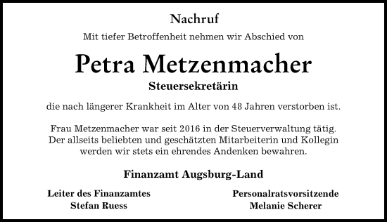 Traueranzeige von Petra Metzenmacher von Augsburger Allgemeine