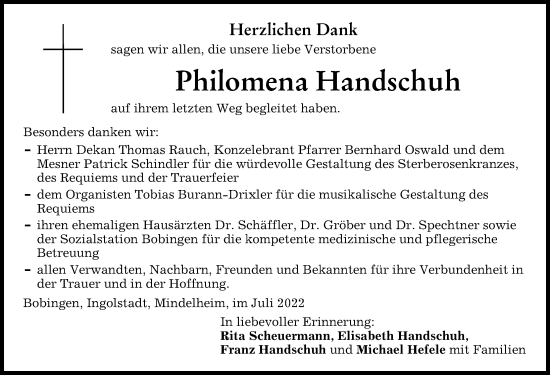 Traueranzeige von Philomena Handschuh von Schwabmünchner Allgemeine