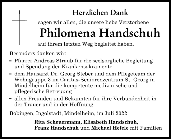 Traueranzeige von Philomena Handschuh von Mindelheimer Zeitung