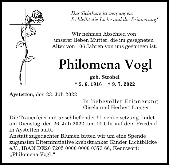 Traueranzeige von Philomena Vogl von Augsburger Allgemeine