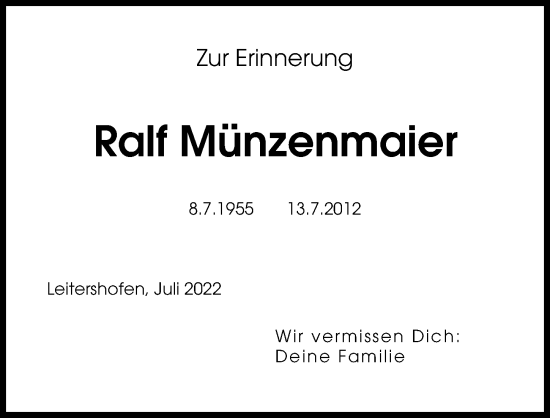 Traueranzeige von Ralf Münzenmaier von Augsburger Allgemeine