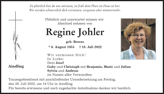 Traueranzeige von Regine Johler von Augsburger Allgemeine, Aichacher Nachrichten
