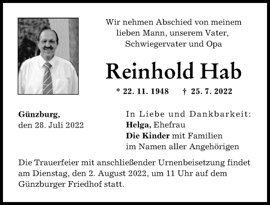 Traueranzeige von Reinhold Hab von Günzburger Zeitung
