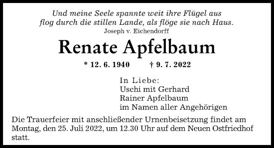 Traueranzeige von Renate Apfelbaum von Augsburger Allgemeine