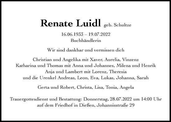 Traueranzeige von Renate Luidl von Ammersee Kurier