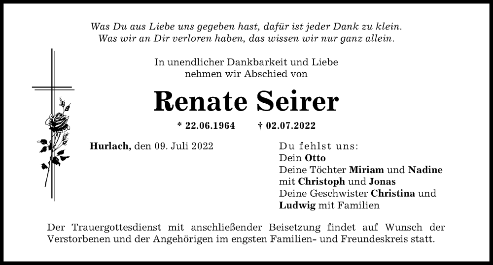  Traueranzeige für Renate Seirer vom 09.07.2022 aus Landsberger Tagblatt
