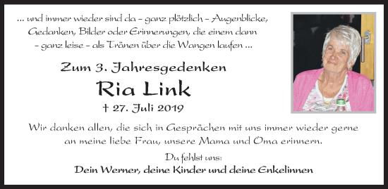 Traueranzeige von Ria Link von Augsburg-Land