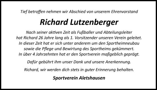 Traueranzeige von Richard Lutzenberger von Mittelschwäbische Nachrichten
