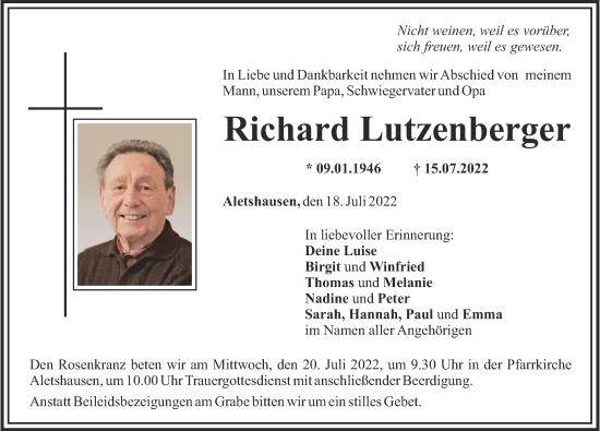 Traueranzeige von Richard Lutzenberger von Mittelschwäbische Nachrichten