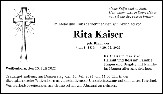 Traueranzeige von Rita Kaiser von Neu-Ulmer Zeitung