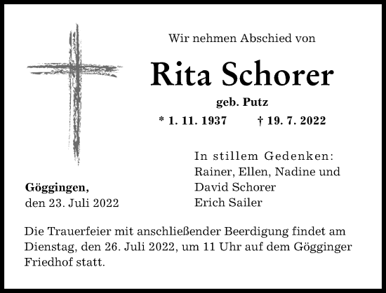 Traueranzeige von Rita Schorer von Augsburger Allgemeine