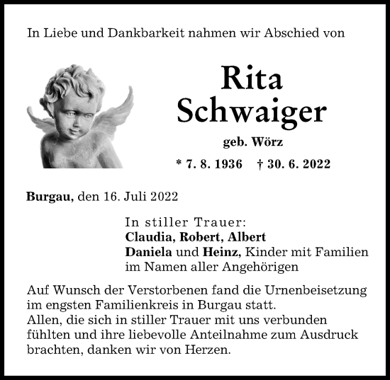 Traueranzeige von Rita Schwaiger von Günzburger Zeitung