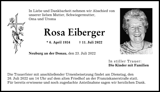 Traueranzeige von Rosa Eiberger von Neuburger Rundschau