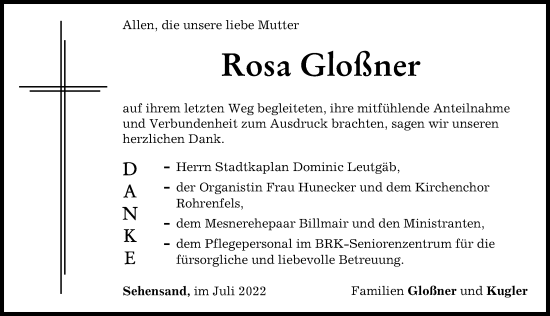 Traueranzeige von Rosa Gloßner von Neuburger Rundschau