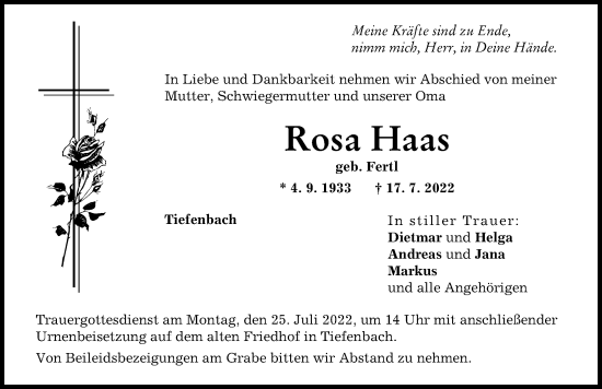 Traueranzeige von Rosa Haas von Illertisser Zeitung