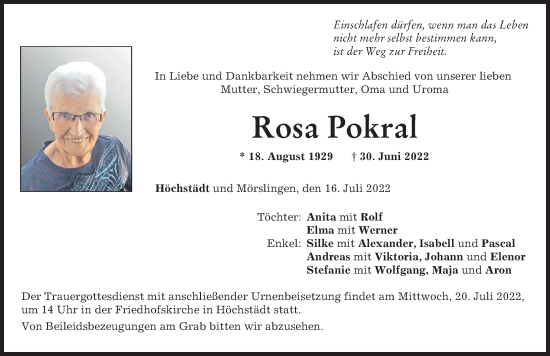 Traueranzeige von Rosa Pokral von Donau Zeitung