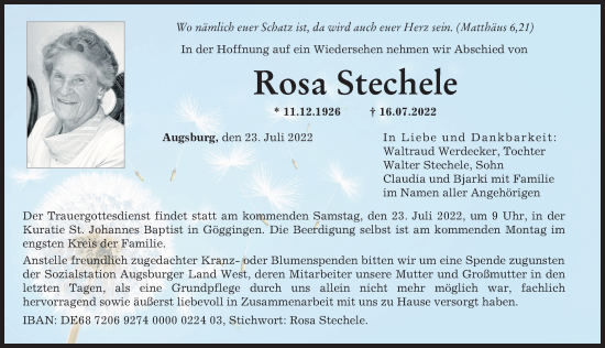 Traueranzeige von Rosa Stechele von Augsburger Allgemeine