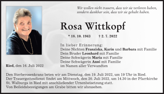 Traueranzeige von Rosa Wittkopf von Friedberger Allgemeine