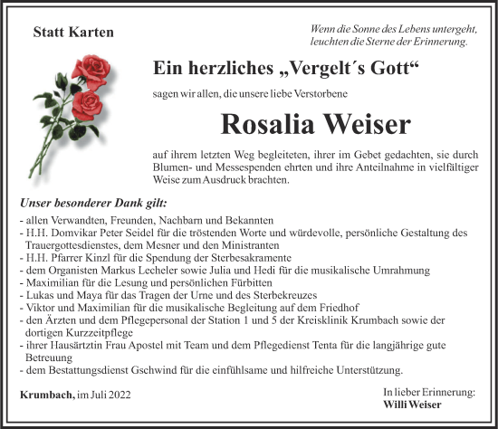 Traueranzeige von Rosalia Weiser von Mittelschwäbische Nachrichten