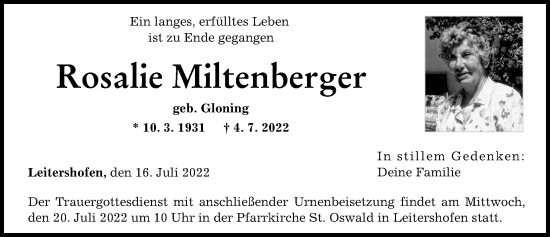 Traueranzeige von Rosalie Miltenberger von Augsburger Allgemeine