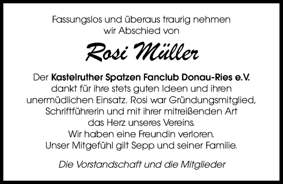 Traueranzeige von Rosi Müller von Donauwörther Zeitung, Rieser Nachrichten