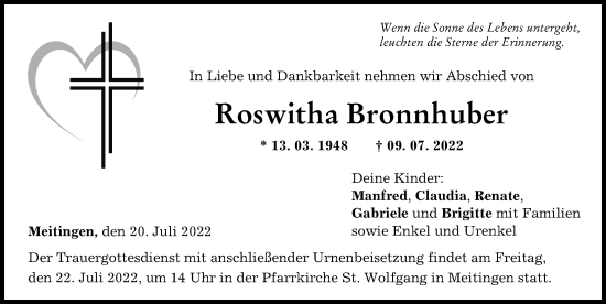 Traueranzeige von Roswitha Bronnhuber von Wertinger Zeitung, Augsburg-Land