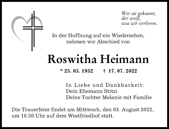 Traueranzeige von Roswitha Heimann von Augsburger Allgemeine