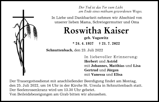Traueranzeige von Roswitha Kaiser von Günzburger Zeitung