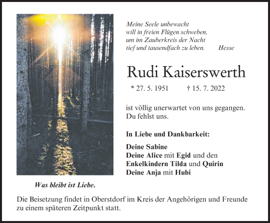 Traueranzeige von Rudi Kaiserswerth von Friedberger Allgemeine