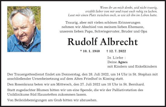 Traueranzeige von Rudolf Albrecht von Landsberger Tagblatt, Friedberger Allgemeine
