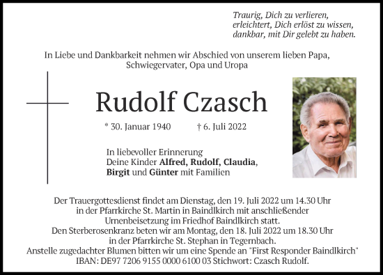 Traueranzeige von Rudolf Czasch von Friedberger Allgemeine
