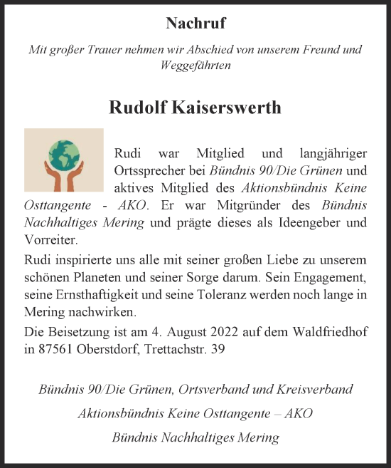 Traueranzeige von Rudolf Kaiserswerth von Friedberger Allgemeine