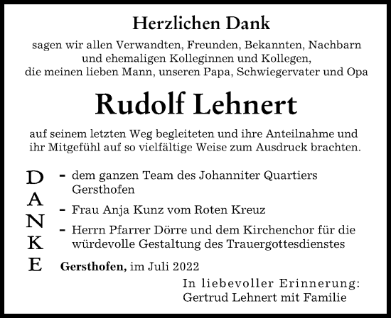 Traueranzeige von Rudolf Lehnert von Augsburger Allgemeine