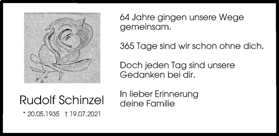 Traueranzeige von Rudolf Schinzel von Augsburger Allgemeine