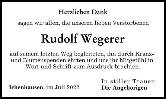 Traueranzeige von Rudolf Wegerer von Günzburger Zeitung